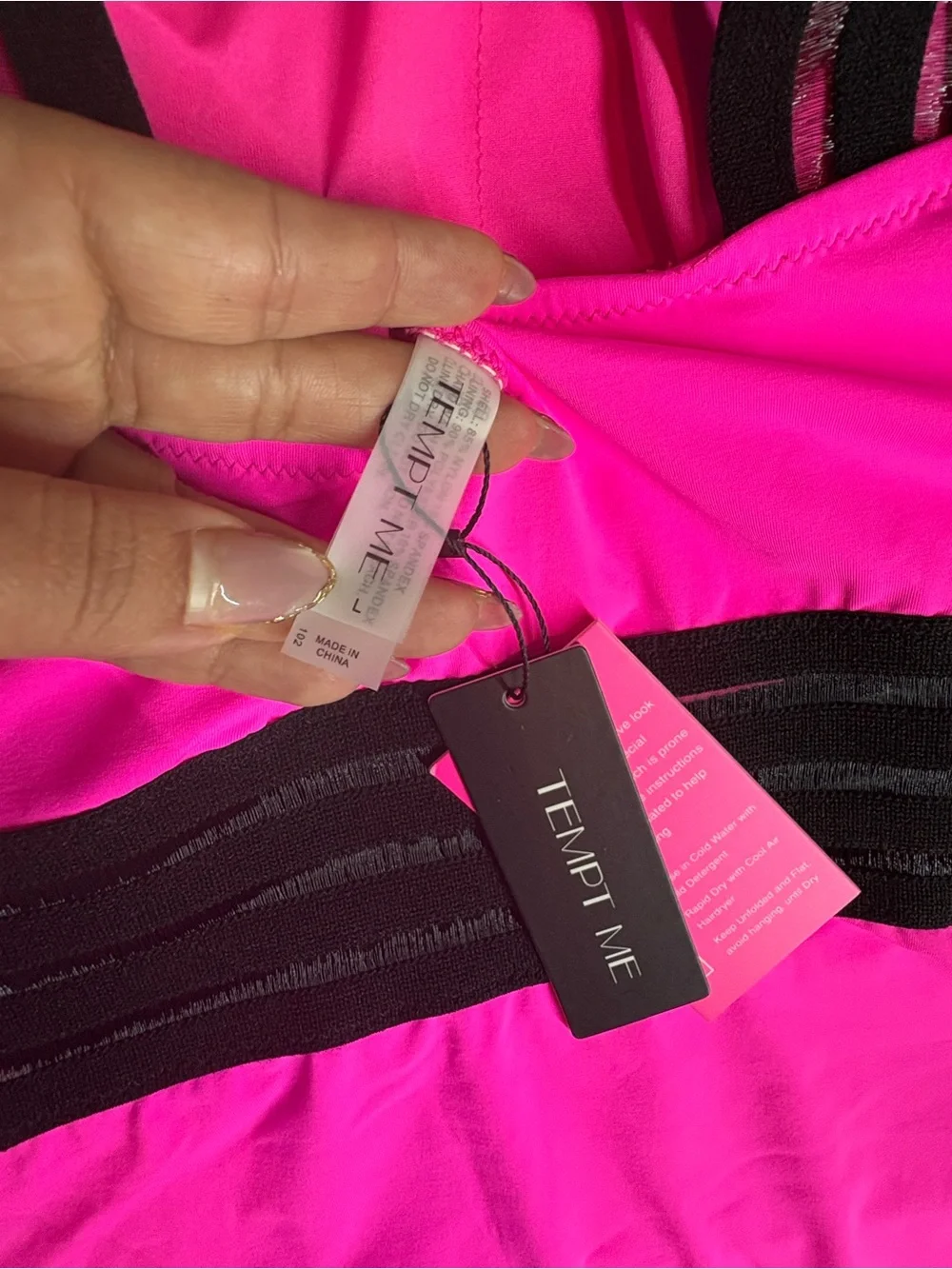 🆕Women’s Tempt Me Neon Pink & Black One Piece Crossover Swimsuit Size Large
